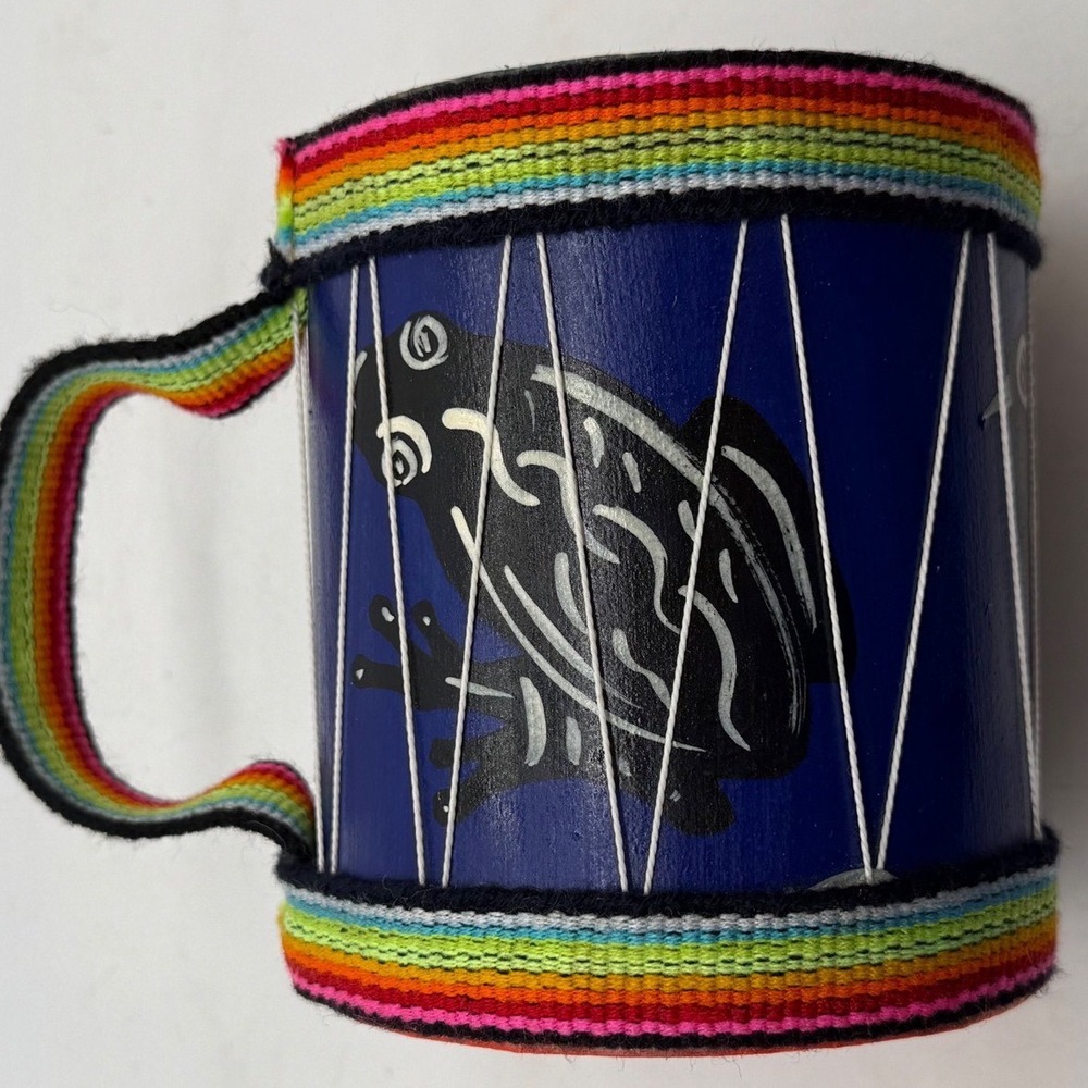 Hand Painted Wood Folk Art Hand Drum Bird Deer Frog Rainbow Trim‎ southwestern